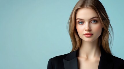 Canvas Print - Beautiful woman with long brown hair, blue eyes, and flawless skin, wearing a black blazer, looks directly at the camera on a blue background.