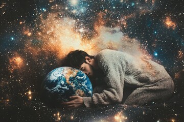 A person wearing a sweater embraces Earth while lying down in space, providing a striking visual metaphor of human interconnectedness and the cosmic relationship with Earth.