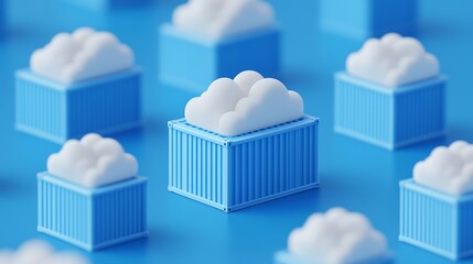 Wall Mural - Blue shipping containers with clouds symbolizing cloud computing and data storage, arranged on a blue background in a repeated pattern.