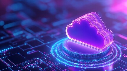 Bright and futuristic depiction of cloud computing technology, with neon lights and digital elements underscoring innovation.