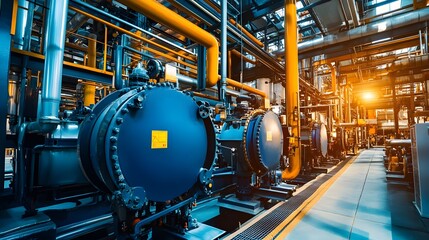 A large industrial plant with many pipes and valves. The pipes are yellow and blue. The plant is very large and has many different parts