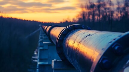 Wall Mural - A long pipe with a blue cap on it. The pipe is surrounded by trees and the sky is orange