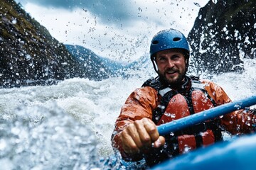 A man wearing a blue helmet and orange jacket is seen fiercely rafting through rough waters, with white water spray surrounding him and mountains in the background.