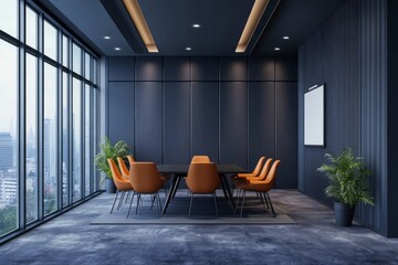 Canvas Print - modern office with orange chairs, black table, and panoramic window. design concept of workplace. 3d