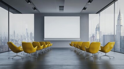 Sticker - Yellow conference chairs and a blank whiteboard decorate this modern conference room.