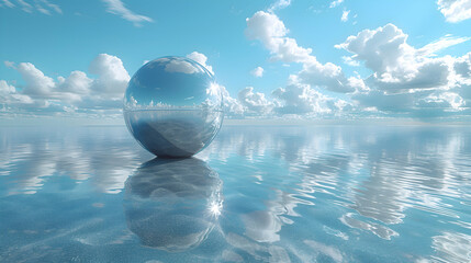 Wall Mural - A high-definition capture of a glassy 3D sphere floating above a serene water surface, reflecting the sky