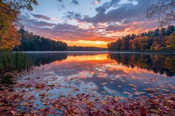 Poster - The golden hour sun reflects on the calm lake water surrounded by autumn foliage, creating a picturesque setting filled with rich colors and tranquility.