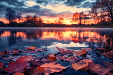 Poster - A serene sunset across a reflective lake with fallen autumn leaves floating on the water, capturing a moment of natural beauty and tranquility.