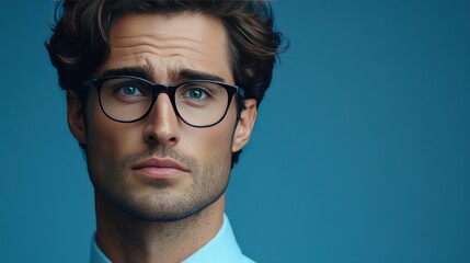 Sticker - Close-up portrait of a thoughtful young man with dark brown hair, wearing glasses, and a light blue shirt, against a teal background.