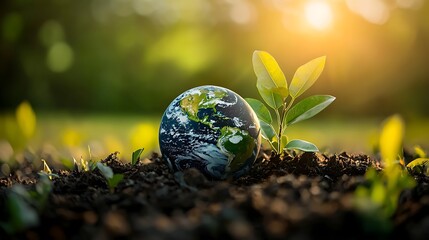 Earth globe and plant sprout in soil with sunlight, representing growth, sustainability, and the nurturing of our planet for future generations.