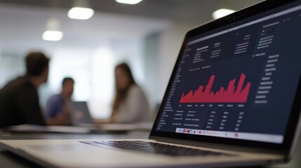 Poster - The image depicts a professional office meeting where a laptop screen displaying data charts and graphs is the primary focus, with blurred businesspeople in the background.