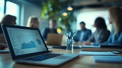 Leinwandbilder - The image shows a conference room setting with a group of businesspeople in a meeting. The primary focus is the laptop with screen displaying graphs and pie charts.