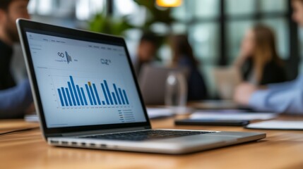 Leinwandbilder - During a business meeting, a laptop displaying data charts is prominently placed on a table, with group members engaged in discussion throughout the workspace.