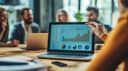 Poster - A team member points at charts displayed on a laptop during an ongoing meeting in an office environment, emphasizing collaborative efforts and analytical work.