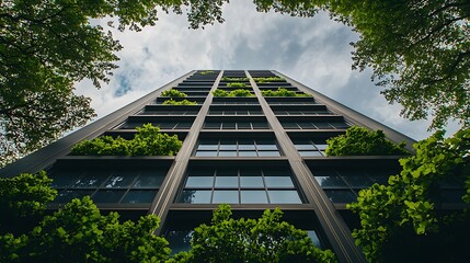 Wall Mural - Modern skyscraper with a green roof and trees, representing sustainable urban development and the integration of nature within modern architecture.