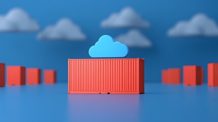 Wall Mural - Colorful red shipping containers against a blue background with a cloud icon, representing cloud storage, logistics, and global trade.