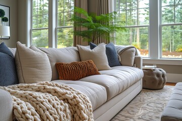 Wall Mural - Modern living room with a white couch and a brown pillow. Cozy and comfortable atmosphere