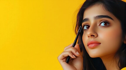 Poster - Young woman applying mascara with a yellow background.