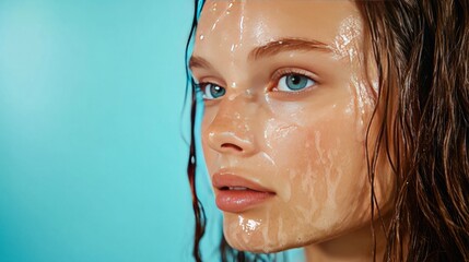 Wall Mural - Close-up of a woman's face covered in water droplets, with blue eyes, wet hair and pink lips.