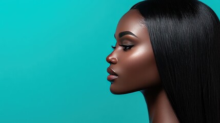 Poster - Profile of a Black woman with long, dark hair against a teal background.