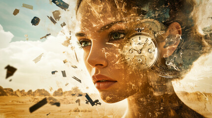 Wall Mural - A double exposure image of a woman's face and a broken clock. Time related concept.