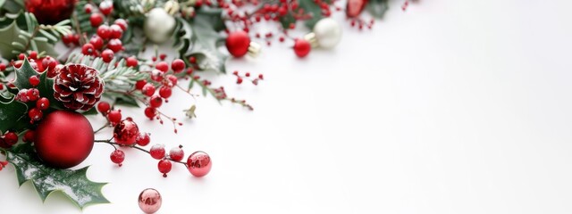 Poster - Merry Christmas, festive celebration holiday holidays greeting card - Red ornaments, christmas baubles, frame border decoration, isolated on white paper table background, top view flat lay