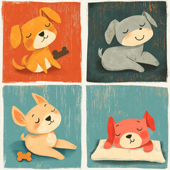 Colorful illustrated A cute cheerful dogs cartoon in various character on vibrant background 