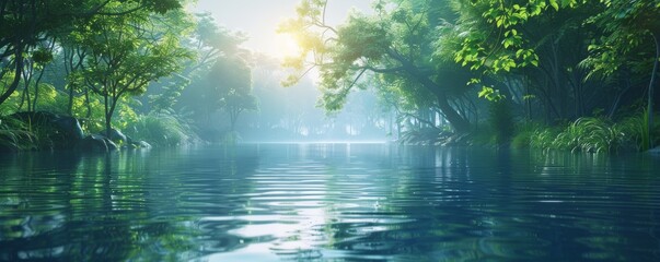 A serene and peaceful scene of a river with trees in the background