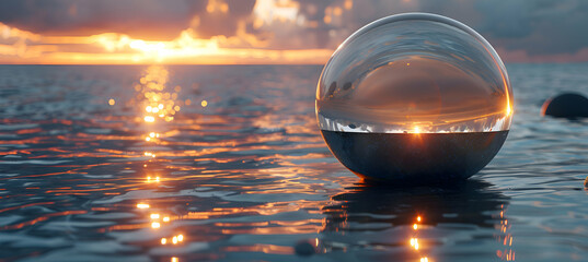 Wall Mural - A high-definition shot of a metallic 3D object partially submerged in water, with light reflecting off its surface