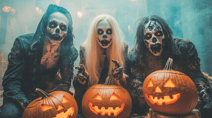 Group of friends with halloween zombie makeup posing with pumpkins