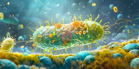 3d illustration of detailed bacteria structure, focusing on biological science and microbiology rese