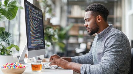 Programmer is working on a new website in a modern office