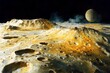 © ChaoticMind - An image showcasing eerie volcanic ridges and craters on an alien planet, capturing the dramatic and harsh beauty of an extraterrestrial landscape under cosmic skies.