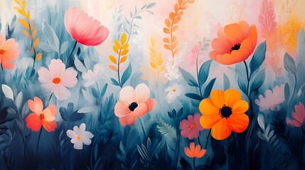 Wall Mural - Abstract Floral Painting with Pink, Orange, and White Flowers on a Blue Background