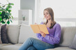 © deagreez - Photo of nice young girl sit couch write notebook diary idea wear violet clothes modern cozy interior flat indoors
