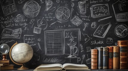 A cozy study scene featuring a globe, stacked books, and an open book on a desk, surrounded by chalkboard drawings of various academic concepts