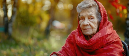 Defocused elderly Ukrainian woman in a red shawl with crutches sitting outdoors 80 year old woman Alone Close up portrait Ill and in need of home care Copy space Out of focus