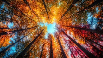 Wall Mural - An autumn forest full of trees with tall colors reaching towards the sky. AI generation