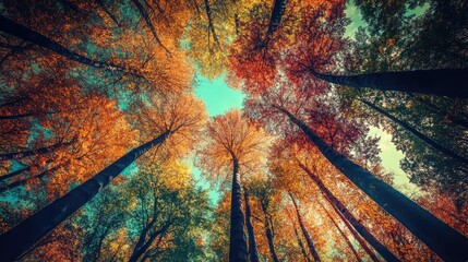 Wall Mural - An autumn forest full of trees with tall colors reaching towards the sky. AI generation