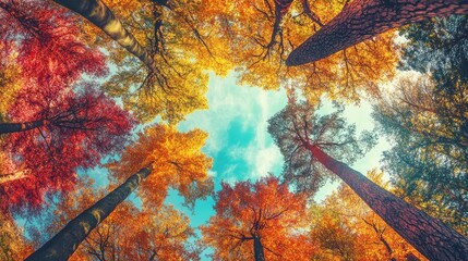 Wall Mural - An autumn forest full of trees with tall colors reaching towards the sky. AI generation