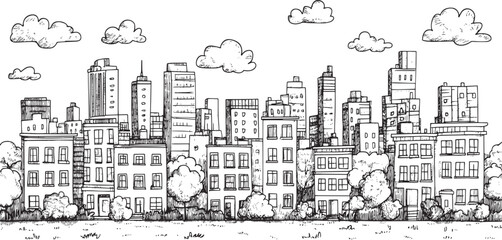 City landscape. Line urban backdrop. Skyline with clouds, different buildings on street, doodle street draw, outline cityscape hand sketch, flat houses. Hand drawn vector illustration