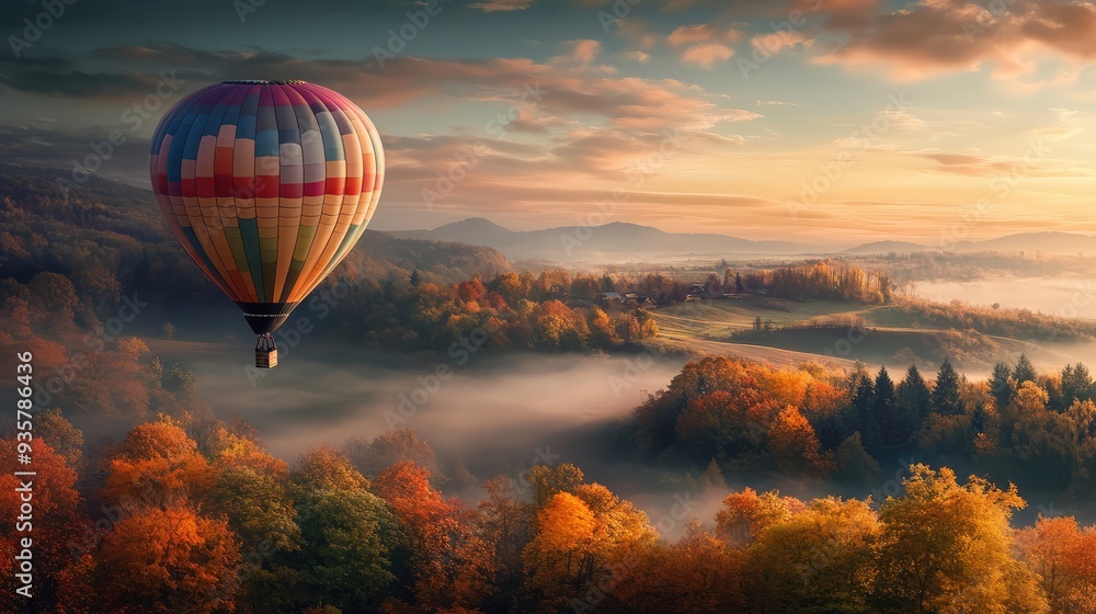 Multicolored hot air balloon flying over autumn landscape in nature ...