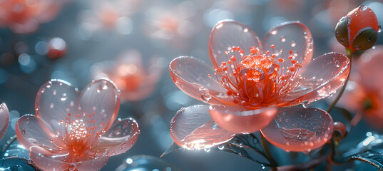 Wall Mural - A macro shot of a blooming flower with a translucent 3D object floating nearby, under soft morning light