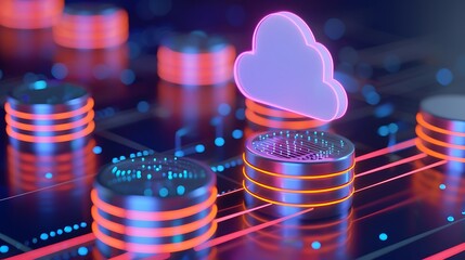 Futuristic cloud computing concept with neon lights and server stacks, representing data storage and technology innovation.