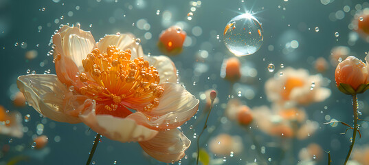 A macro shot of a blooming flower with a translucent 3D object hovering nearby