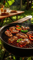 Wall Mural - Close-up of grilled chicken and bell peppers on a charcoal grill outdoors.