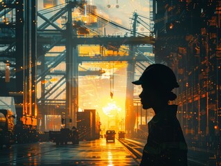 Wall Mural - A woman in a hard hat stands in front of a large industrial building