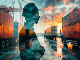 Wall Mural - A man in a hard hat stands in front of a pile of shipping containers