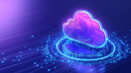 Wall Mural - Futuristic cloud computing technology concept. Neon cloud shape with digital data visualization on a glowing background.