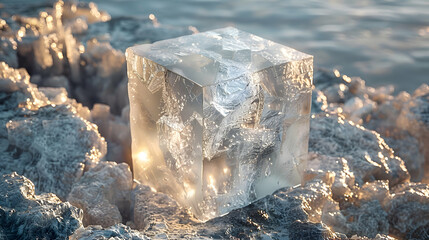 A macro shot of a crystal-clear 3D object resting on a detailed stone surface, under natural light